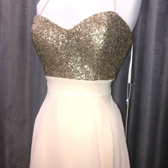 New Gold Sequin Champagne Dress, Aline Bridesmaid Formal Sparkle Gather and Gown - Picture 6 of 14